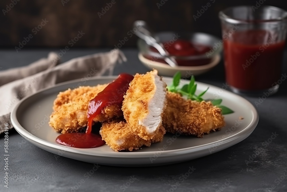  a plate of fried chicken with ketchup and sauce on it next to a glass of ketchup and a napkin on a 