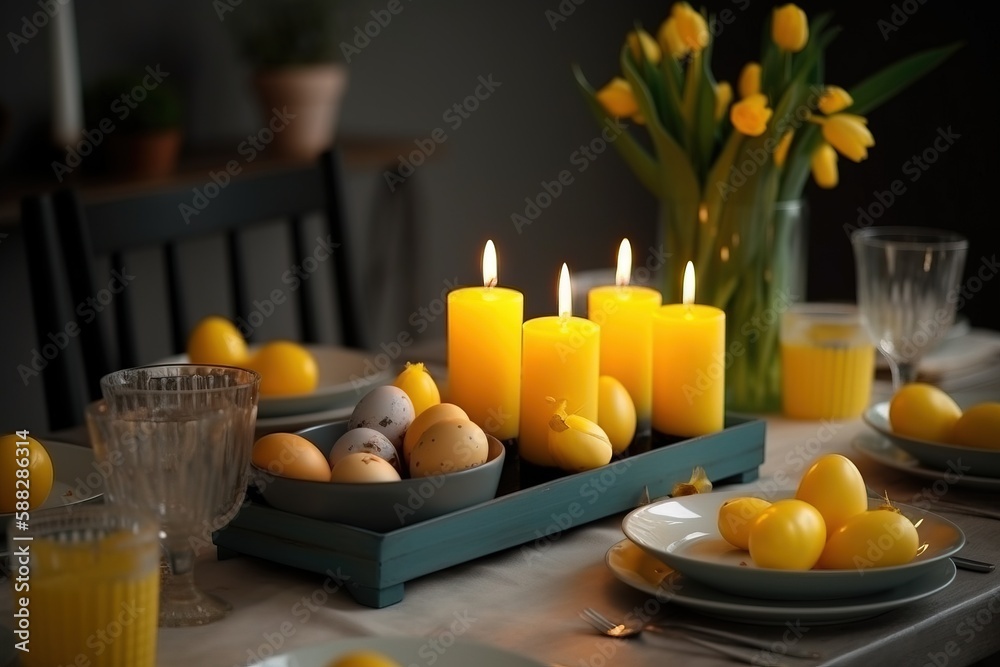  a table set with plates, candles, and plates of eggs and oranges on a table cloth with a vase of tu