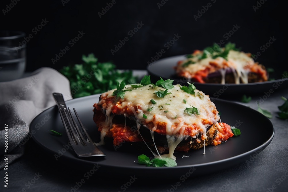  a plate of lasagna with cheese and parsley on it with a fork and a glass of water in the background