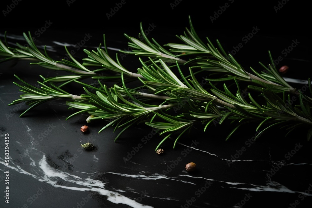  a sprig of rosemary sits on a marble counter top with other herbs and spices scattered around it on