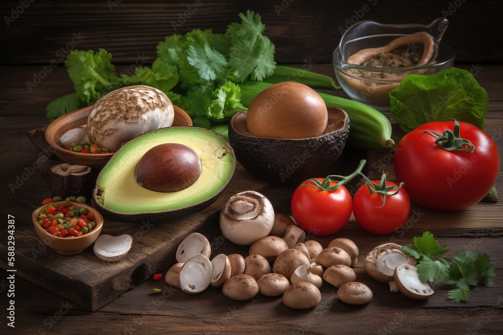  a variety of vegetables are on a cutting board with a bowl of mushrooms, tomatoes, avocado, mushroo