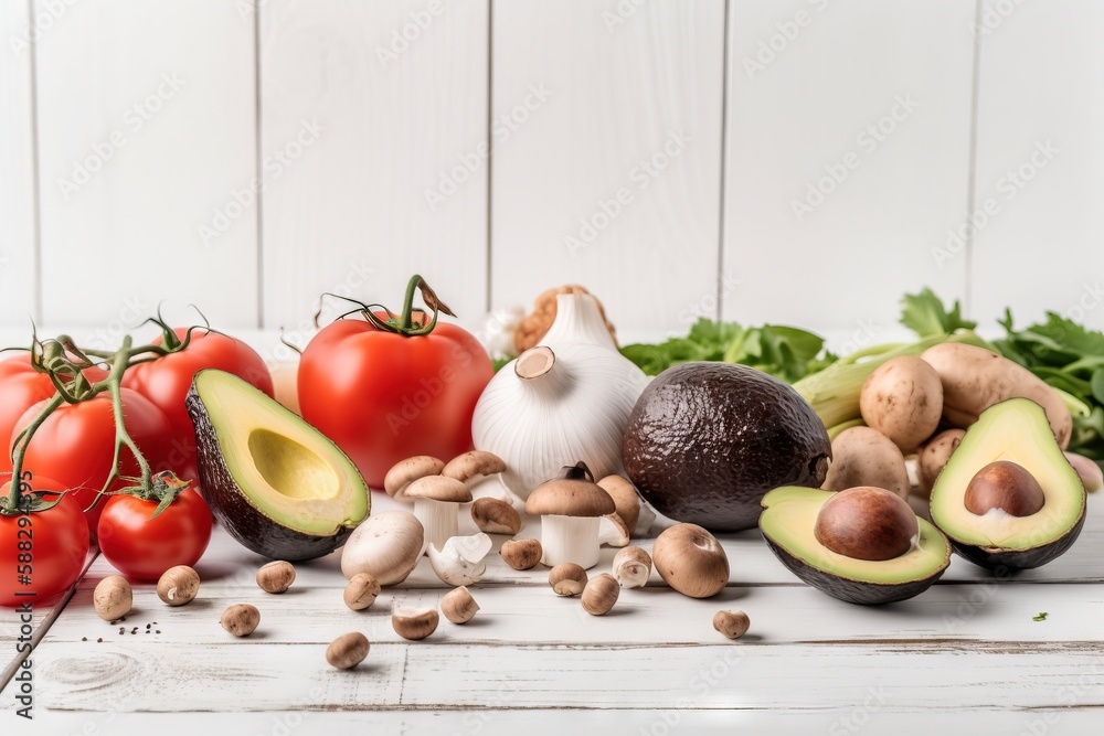  avocado, tomatoes, mushrooms, mushrooms, and other vegetables on a white wooden table with a white 