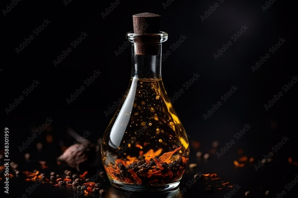  a glass bottle filled with a liquid filled with orange and red flowers on a black surface with scat
