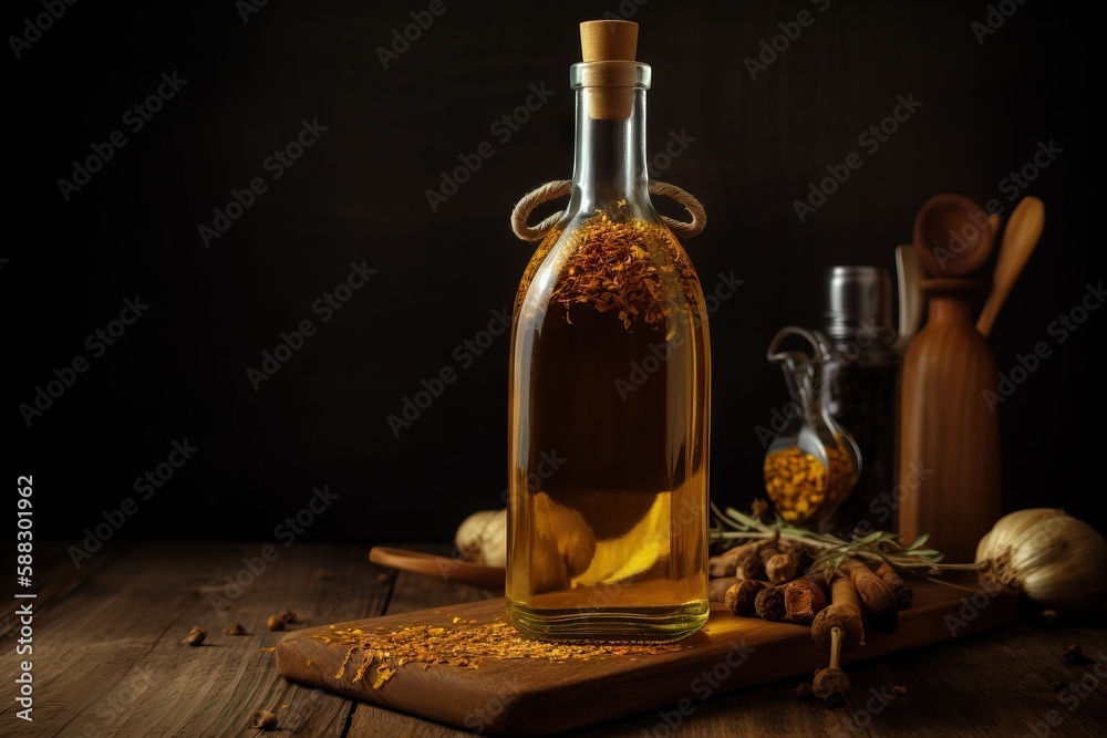  a bottle of oil sitting on top of a cutting board next to garlic and garlic flakes on a wooden tabl