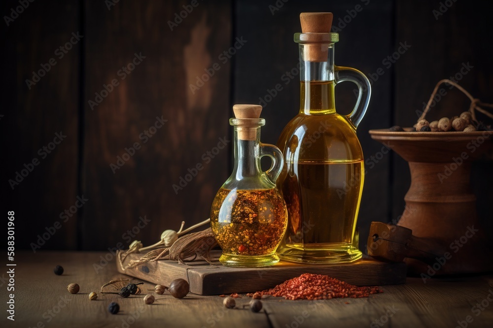  a couple of bottles of oil sitting on top of a wooden table next to a bowl of nuts and a bowl of nu