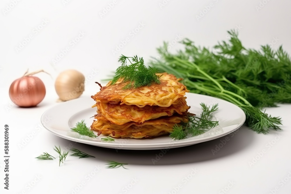  a stack of food on a white plate next to some green onions and a garlic and parsley decoration on a