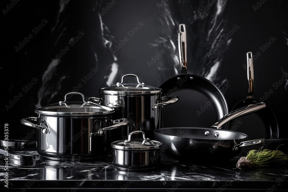  pots and pans are sitting on a marble counter top with a black background and a marble countertop w