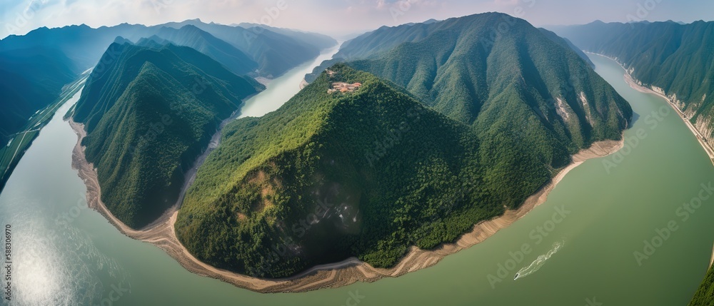 View from the height of the forest and the river in the middle of the forest.Aerial view. Panoramic 