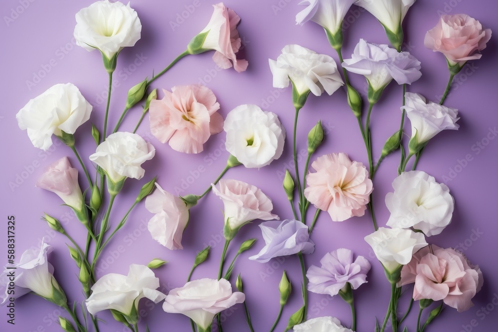  a bunch of white and pink flowers on a purple background with green stems and stems in the center o