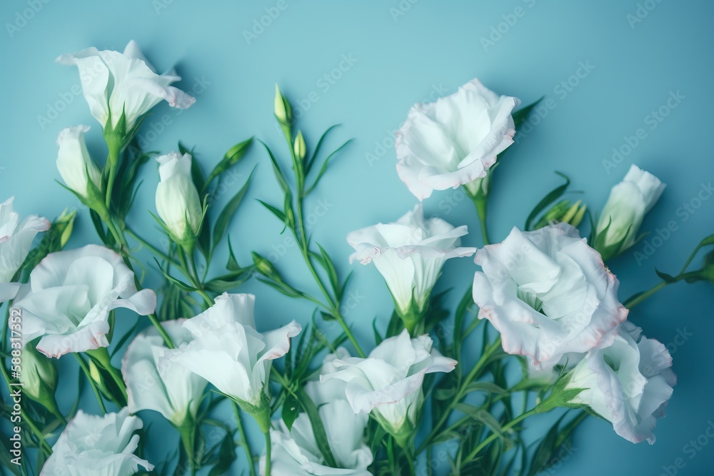  a bunch of white flowers are on a blue background with green stems and stems in the center of the p