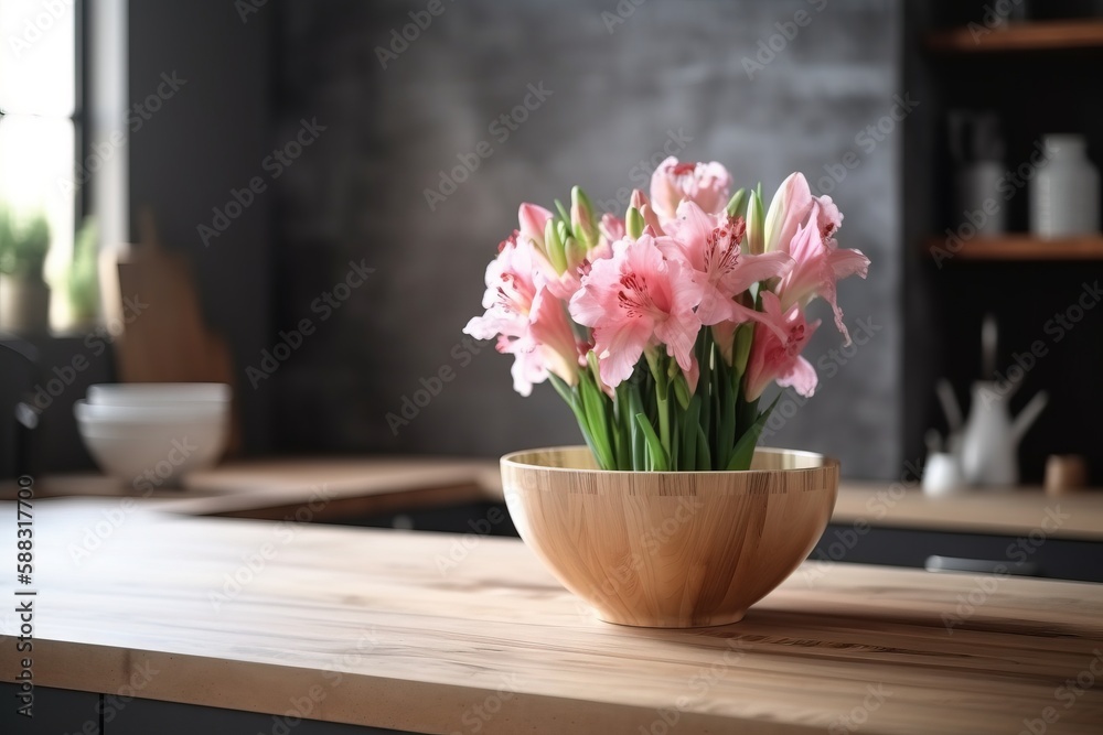  a wooden bowl filled with pink flowers on top of a wooden counter top next to a wooden counter top 