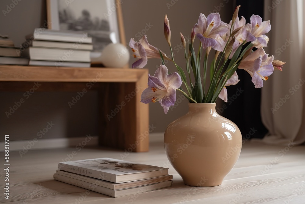  a vase of flowers sitting on a table next to a book and a picture of a house on the wall behind it 
