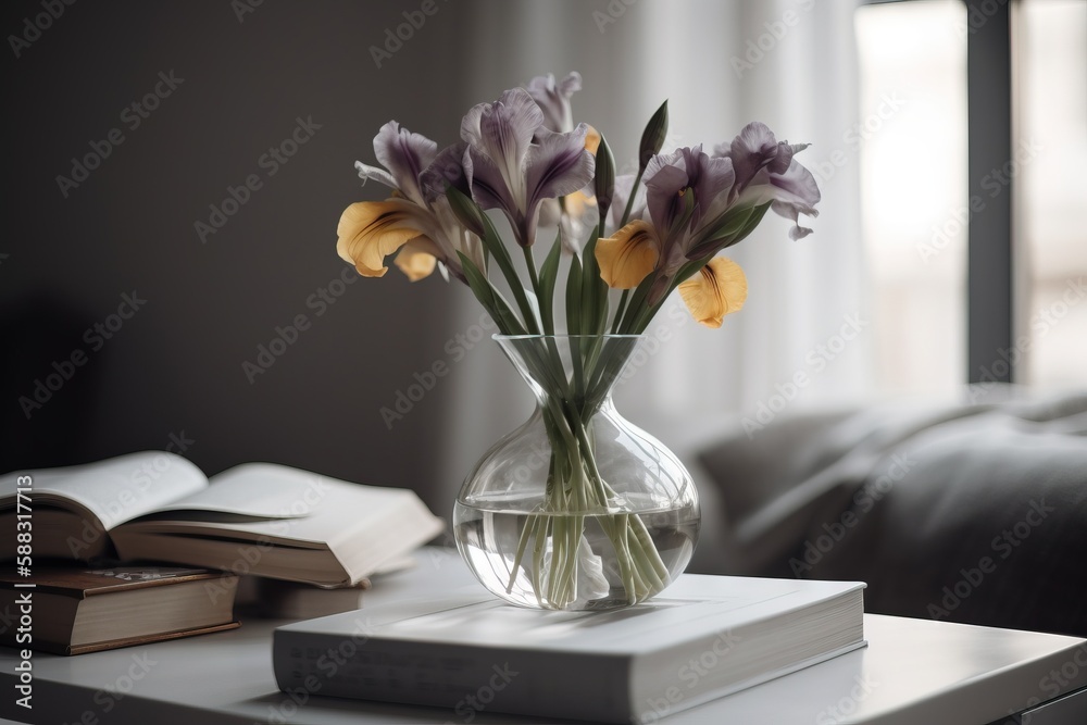  a vase of flowers sitting on a table next to an open book and a book on a coffee table with a windo