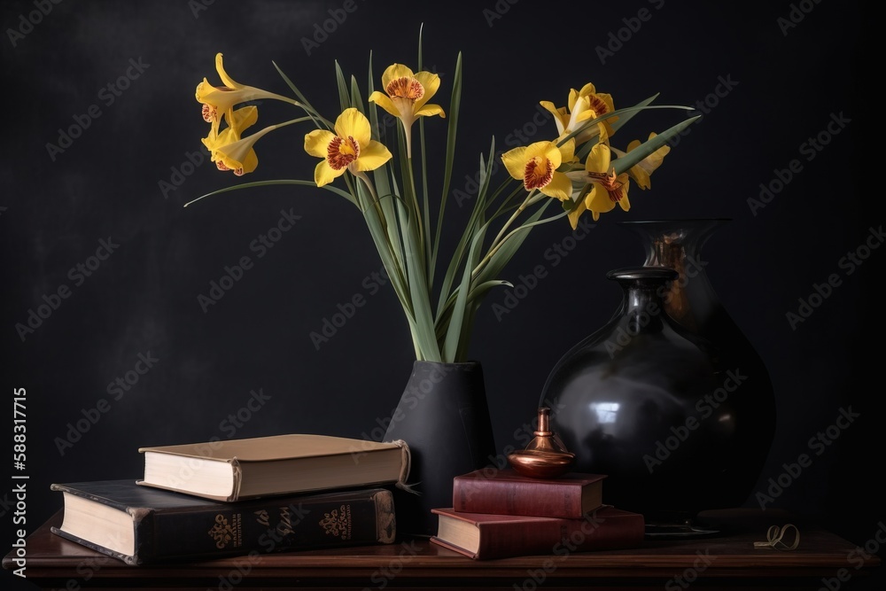  a black vase with yellow flowers and books on a table with a black background and a black vase with
