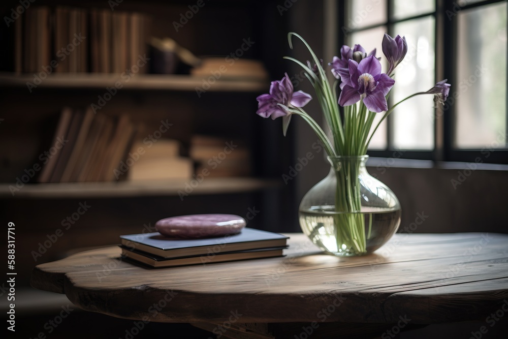  a vase of purple flowers sitting on a table next to a book and a book on a wooden table with a wind