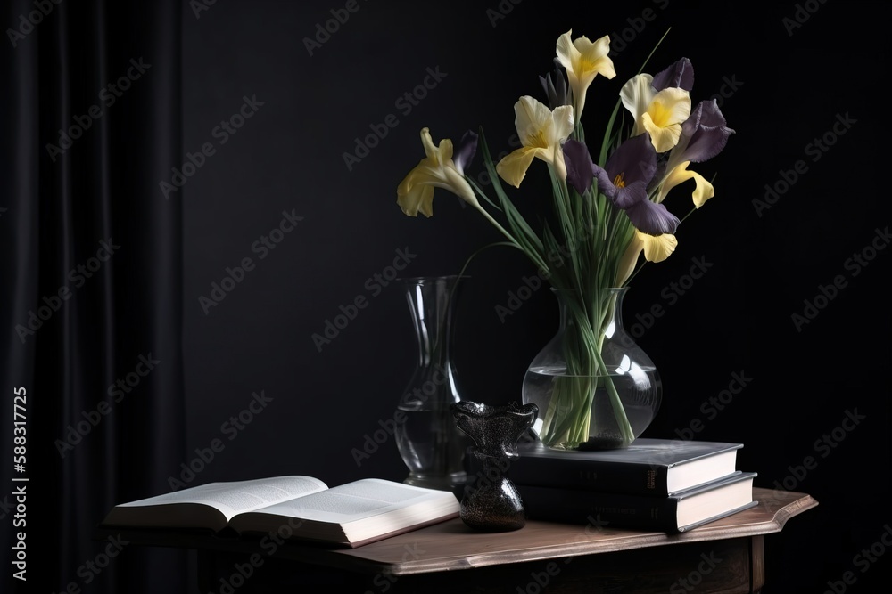  a vase of flowers sitting on a table next to a book and a vase of flowers on a table with a book on