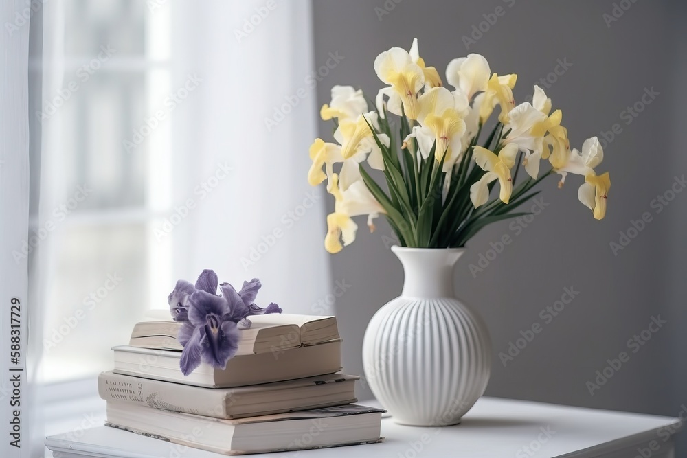  a white vase filled with yellow and purple flowers next to a stack of books on a table next to a wi