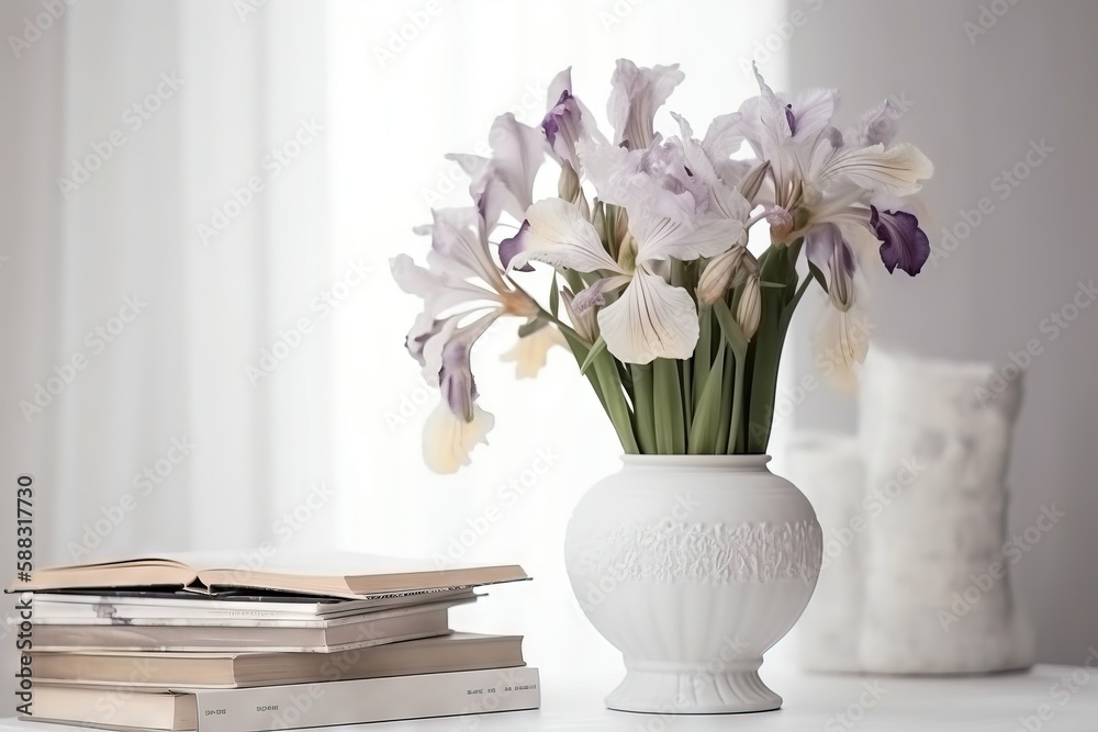  a white vase filled with purple and white flowers next to a stack of books on a white table next to