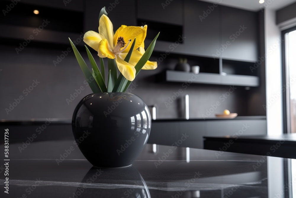  a black vase with yellow flowers on a black counter top in a kitchen area with a large window and a