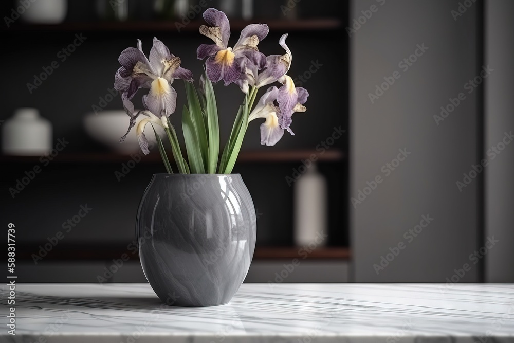  a vase with flowers in it sitting on a counter top next to a book shelf and a vase with flowers in 