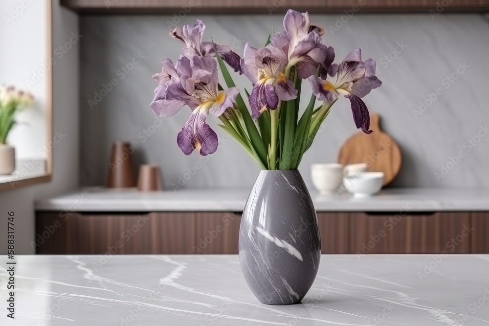  a gray vase with purple flowers in it on a counter top in a kitchen area with a marble countertop a
