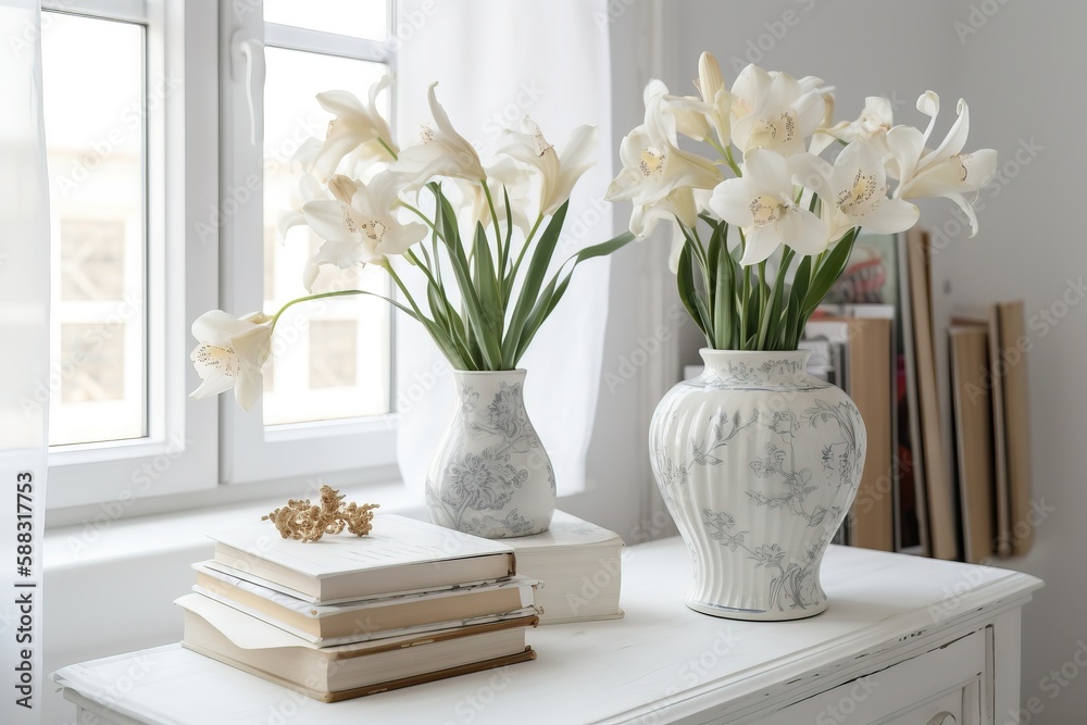  two vases with white flowers on a table next to a stack of books and a book on a table next to a wi
