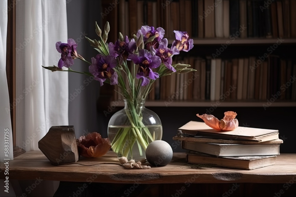  a vase of purple flowers sitting on a table next to a stack of books and an egg on top of a wooden 
