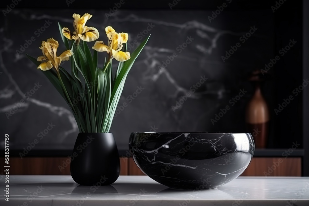  a vase with yellow flowers in it sitting on a table next to a black vase with yellow flowers in it 