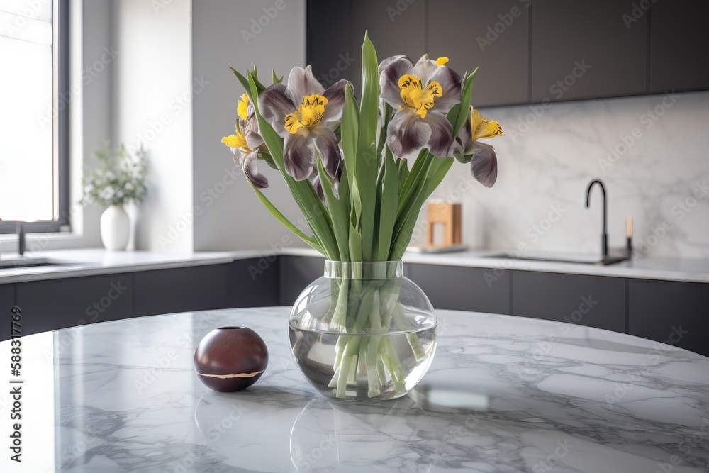  a vase of flowers sitting on a marble table in a kitchen with an egg on the side of the table and a