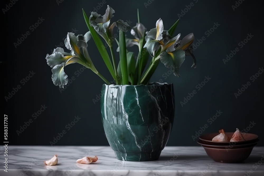  a green vase with flowers in it next to a bowl of garlic on a marble countertop with a black backgr