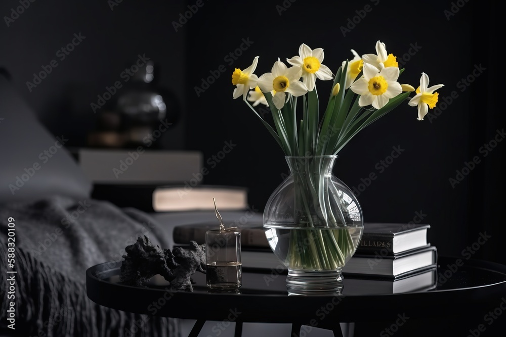  a glass vase filled with yellow and white flowers on top of a table next to a candle and a book on 