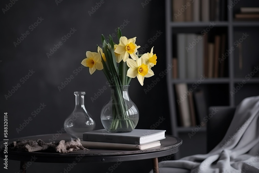  a table with a vase of yellow flowers and a book on top of it next to a chair and a book shelf with