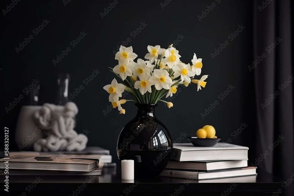  a black vase filled with yellow flowers next to a stack of books and a lemon on a table next to a w