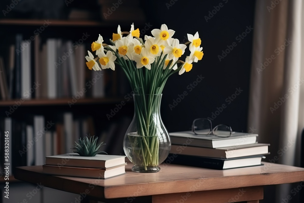  a vase filled with yellow and white flowers on top of a table next to a stack of books and a pair o
