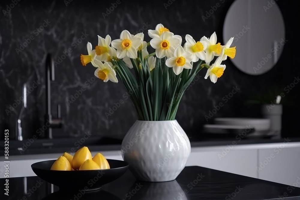  a white vase filled with yellow flowers next to a bowl of fruit on a counter top next to a sink and