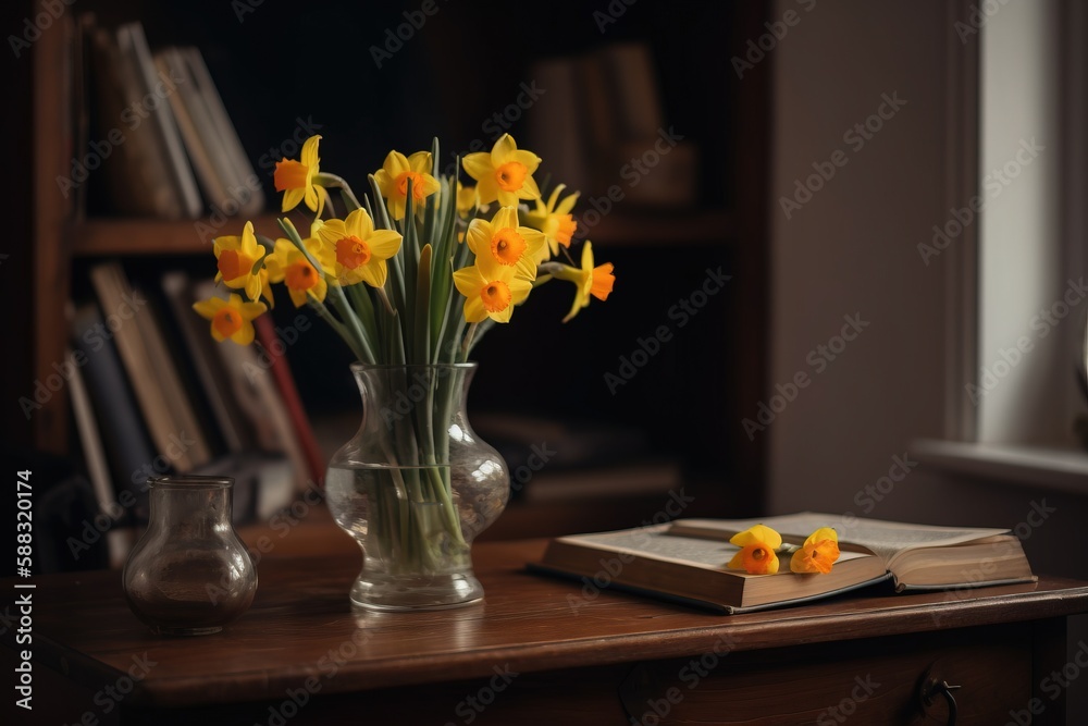  a vase of yellow daffodils sitting on a table next to a book and a vase of flowers on a table with 