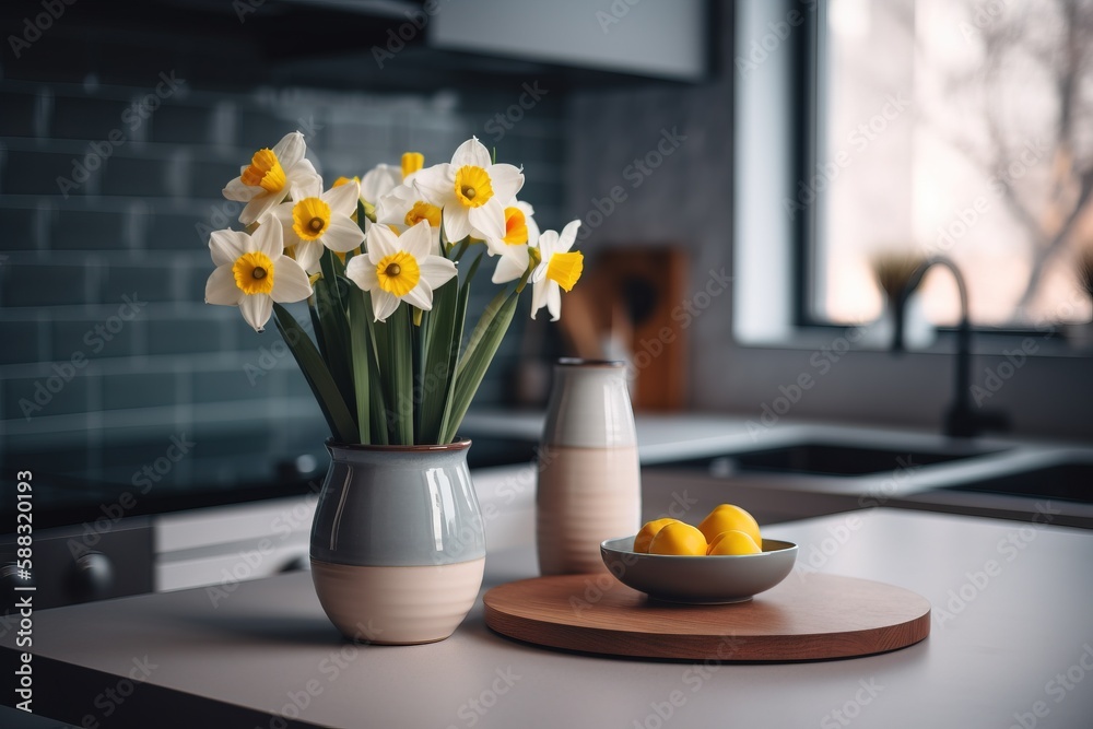  a bowl of lemons and daffodils on a kitchen countertop with a vase of daffodils in the background. 
