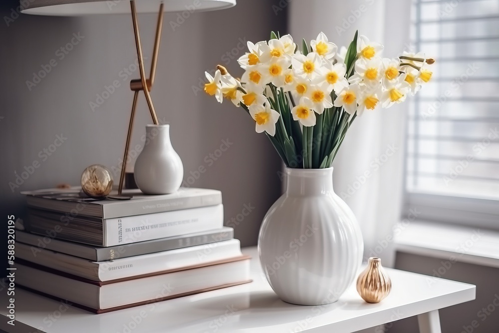  a white vase filled with yellow flowers on top of a white table next to a stack of books and a lamp