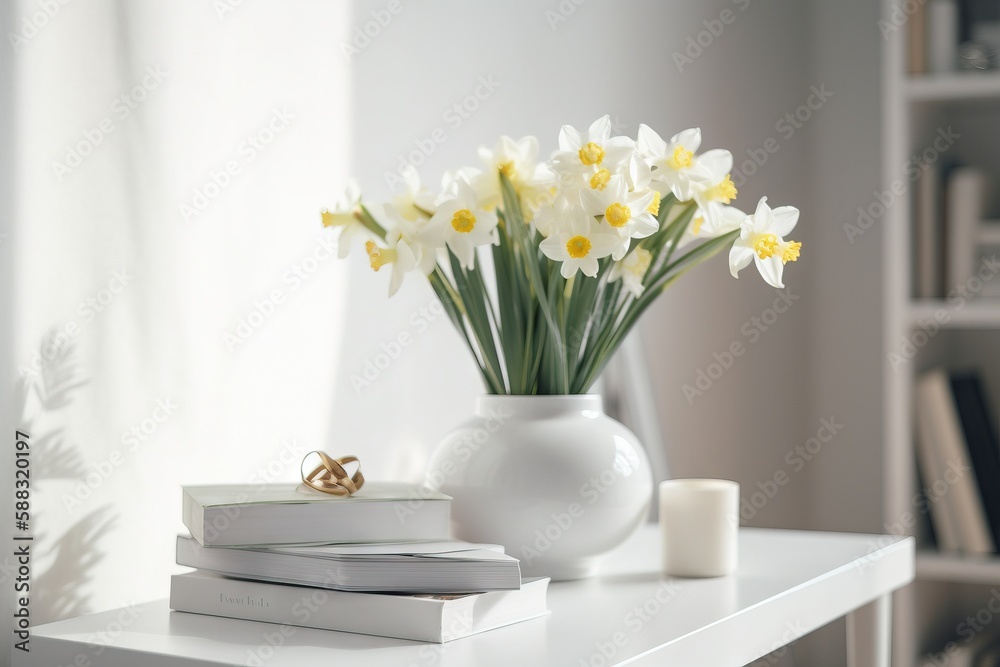  a white vase filled with yellow flowers on top of a white table next to a stack of books and a cand