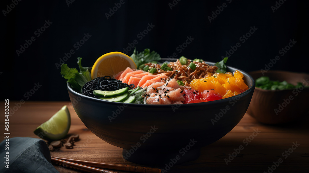 Poke bowl food background. Illustration AI Generative