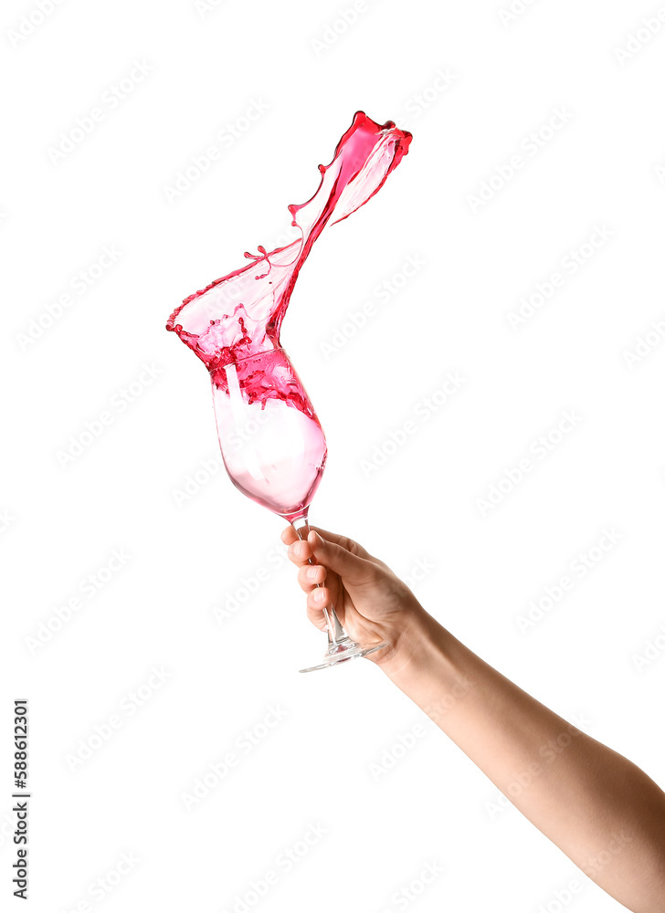 Woman with glass of red wine on white background