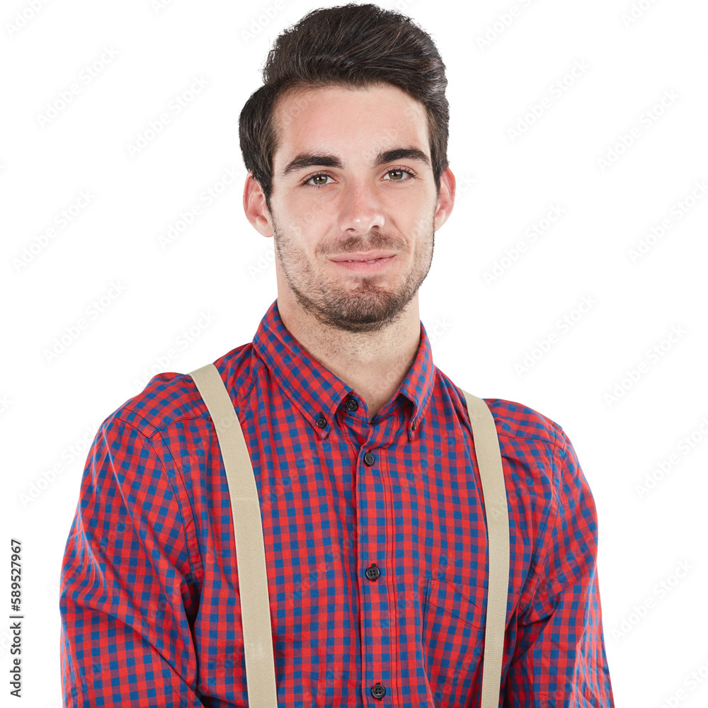 Portrait of an adult man, smile on confident face with hipster fashion posing for profile picture. S