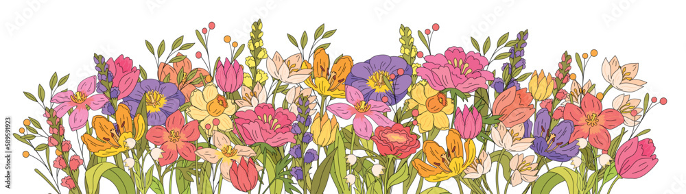 Colourful spring flowers field background 