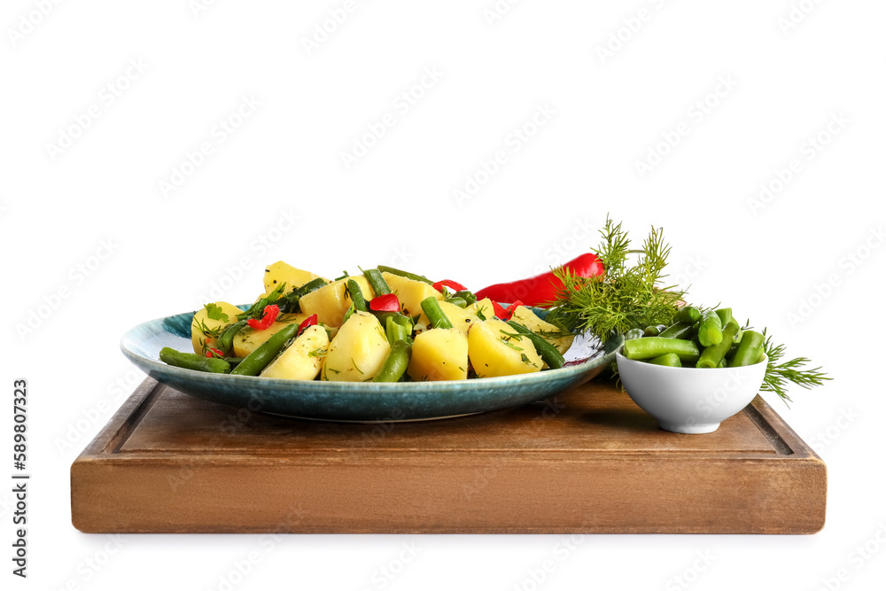 Plate of tasty Potato Salad with vegetables on white background