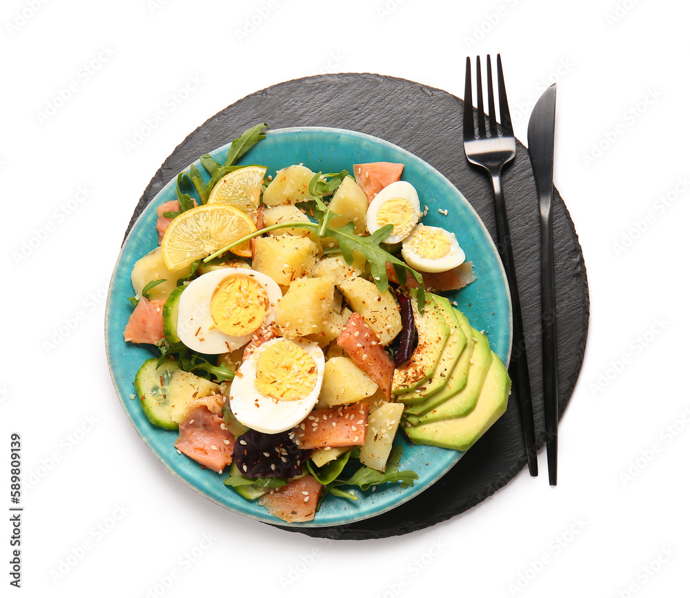 Plate of tasty potato salad with eggs and avocado on white background, top view