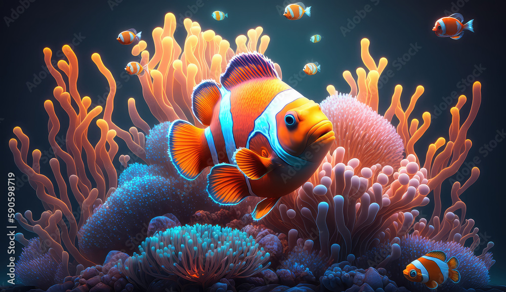 Animals cartoon of the underwater sea world. Ecosystem. Colorful tropical fish. Life in the coral re