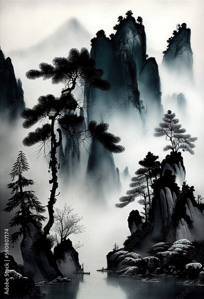 Photo new Chinese artistic conception abstract ink landscape background wall