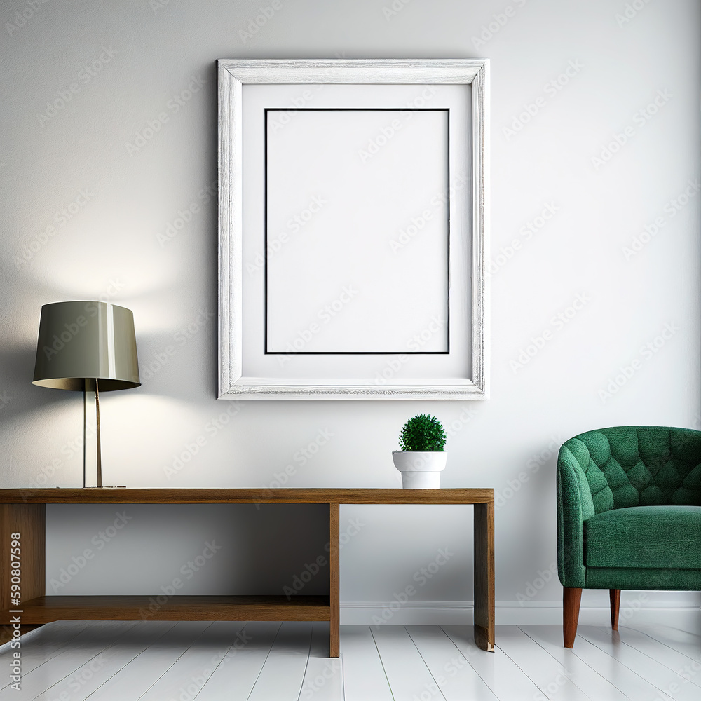 Hanging white blank photo frame generated by artificial intelligence
