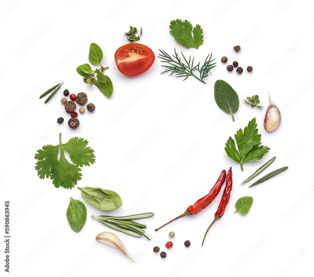 Frame made of fresh herbs and spices on white background