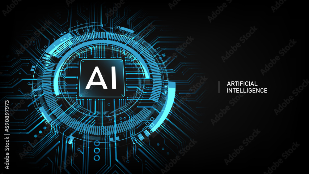 AI Artificial intelligence logo on chipset circuit board, Future cybernetic artificial intelligence 